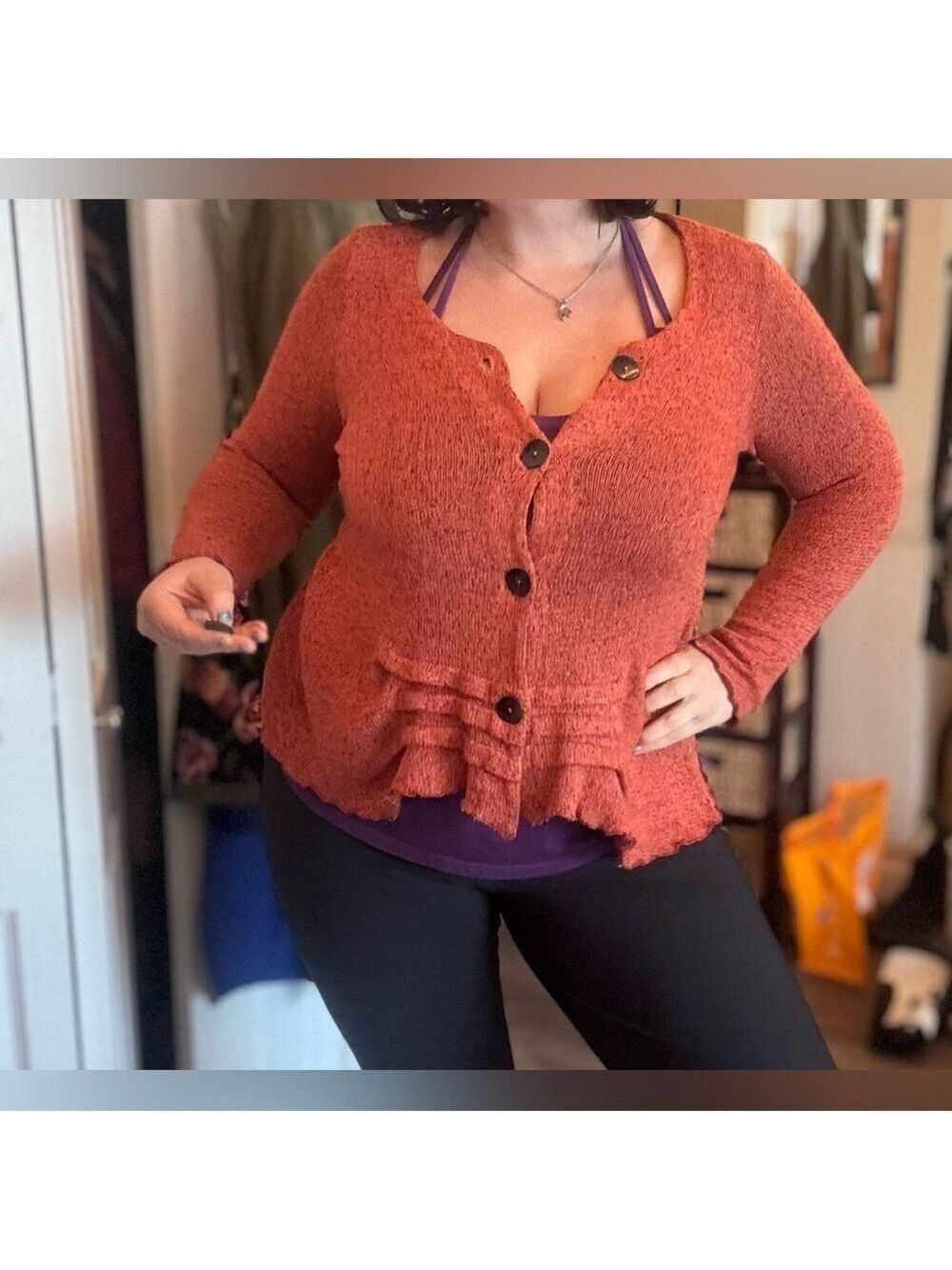 FENINI Designer Burnt Orange Textured Knit Cardigan • Artful Layering•Fits M–XL - Picture 17 of 17